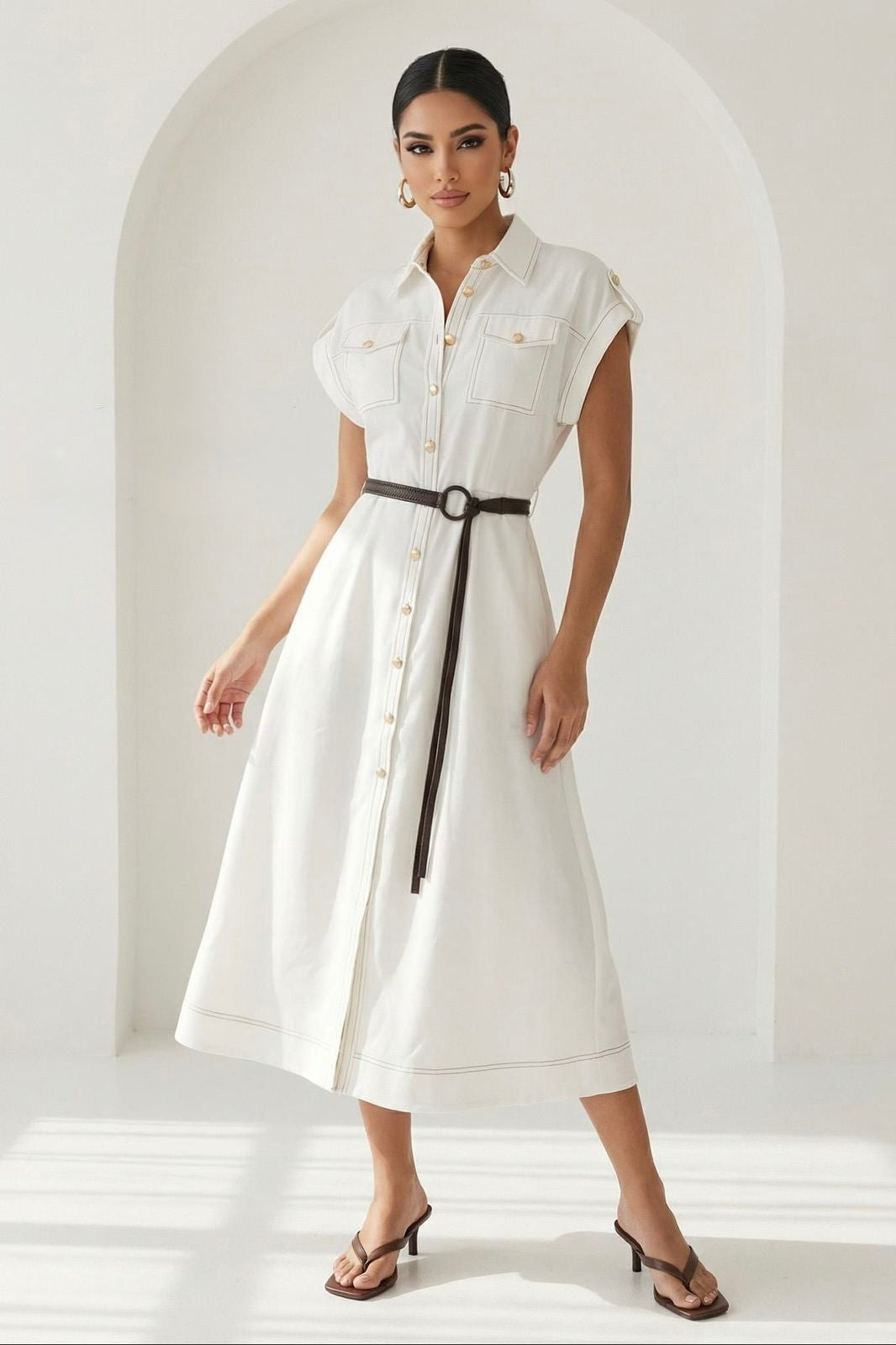 Vestido blanco midi con cinto