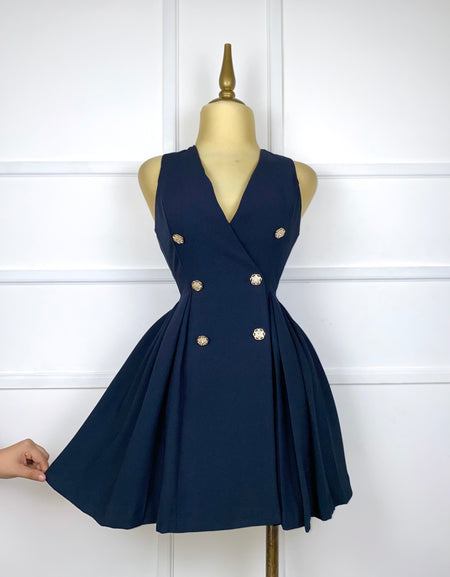 Vestido azul botones pedrería y perlitas