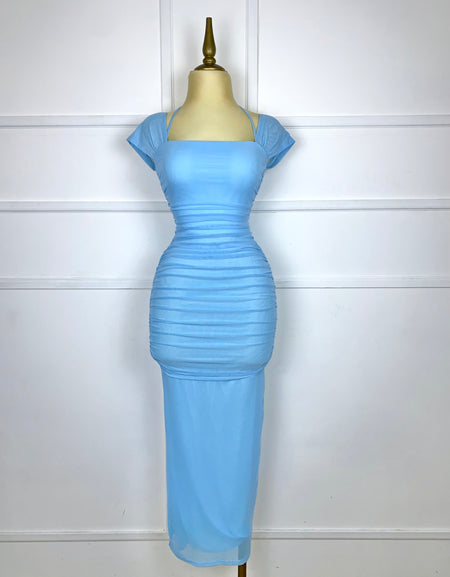 Vestido azul drapeado