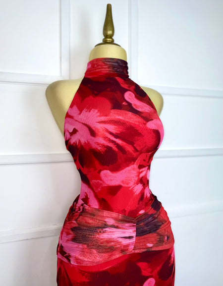 Vestido rojo largo mesh multicolor