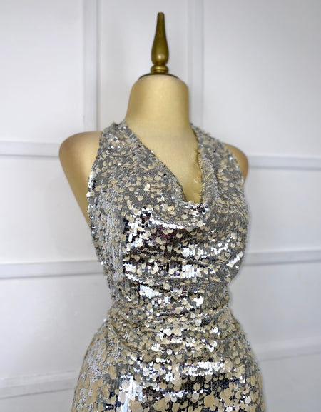 Vestido con lentejuelas plata y beige