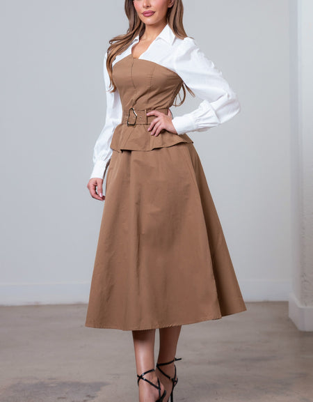 Vestido café midi con cinto