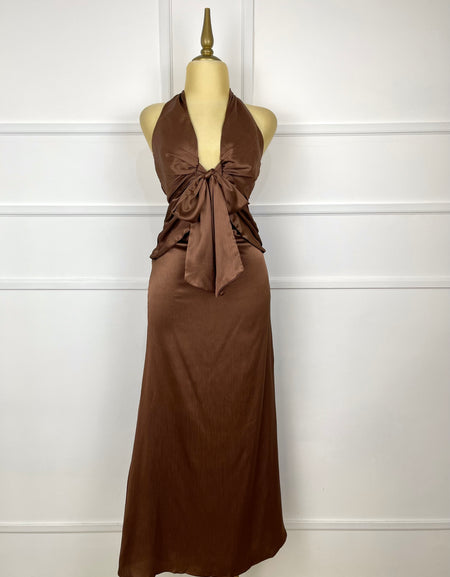 Vestido midi café satinado