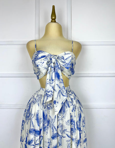 Set beige estampado azul tipo lino