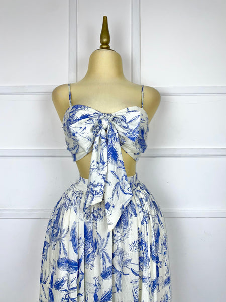 Set beige estampado azul tipo lino