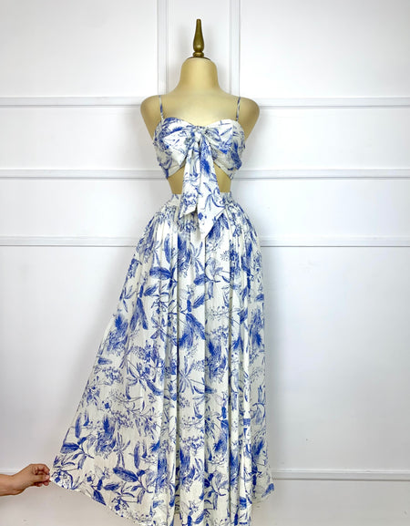 Set beige estampado azul tipo lino