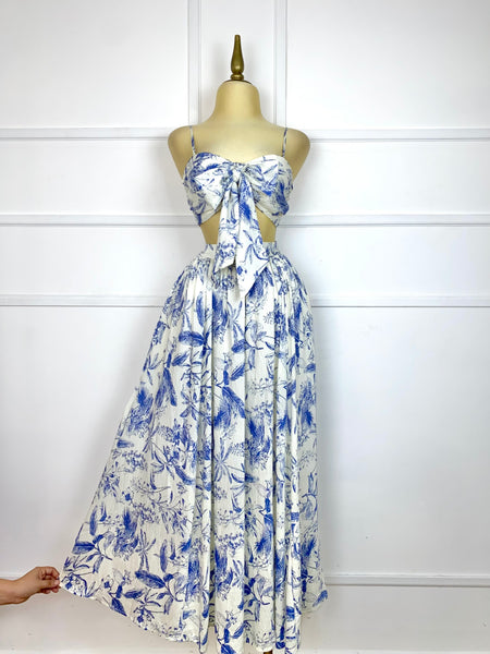 Set beige estampado azul tipo lino