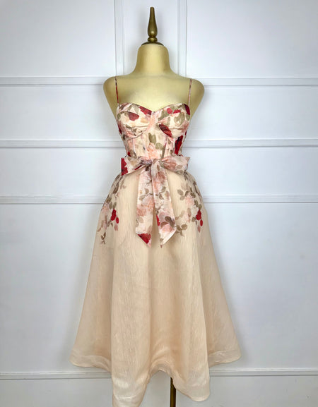 Vestido beige midi estampado con copas