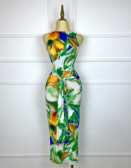 Vestido lycra estampado tropical