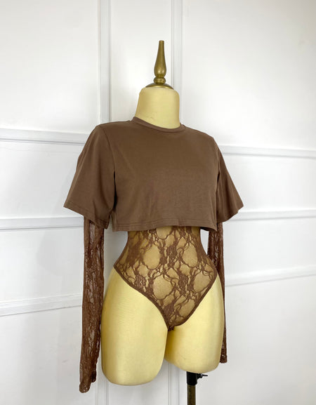 Bodysuit café tipo top encaje