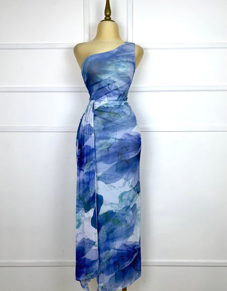 Vestido azul multi stretch con abertura lateral