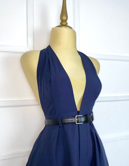 Vestido azul marino halter con cinto