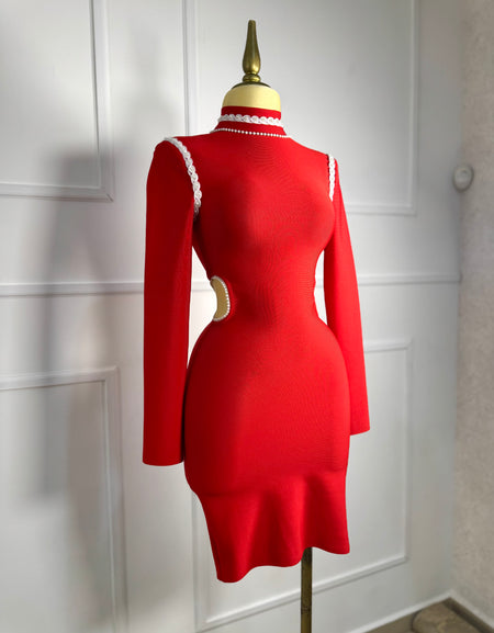 Vestido rojo midi bandage con perlitas