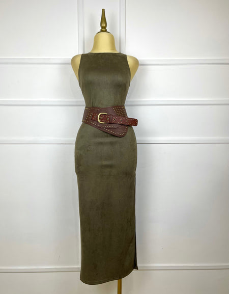 Vestido verde olivo gamuza con cinto