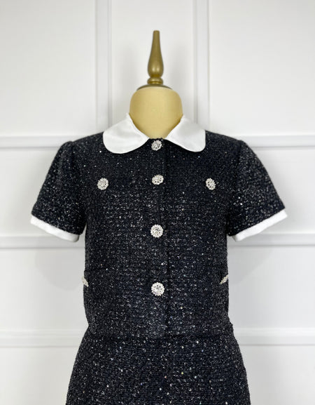 Set negro tweed brilloso botones pedrería