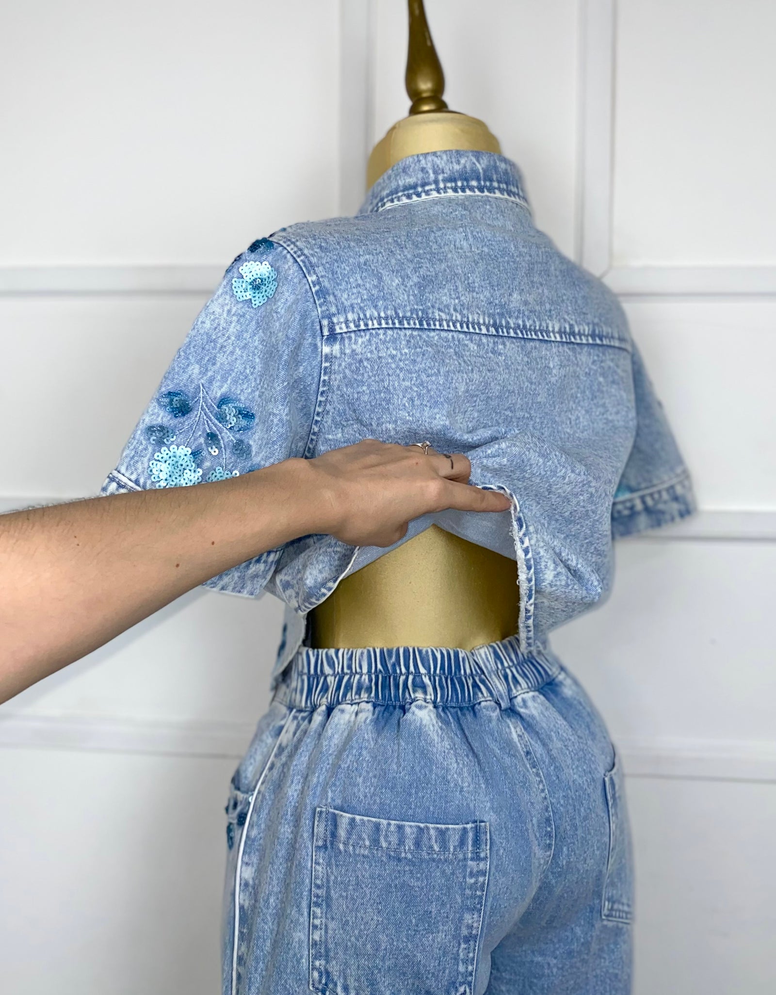 Set mezclilla flores azules de lentejuelas