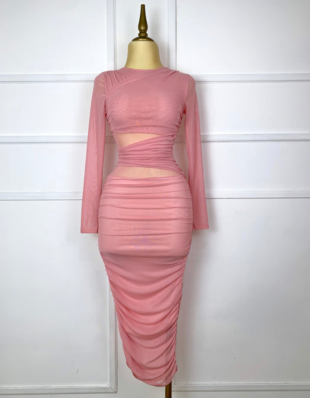 Vestido rosa mesh manga larga