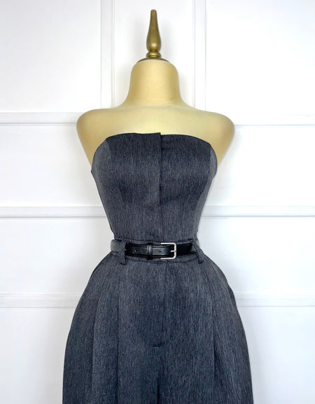 Palazzo gris strapless con cinto