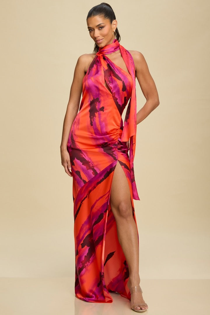 Vestido largo satín multicolor