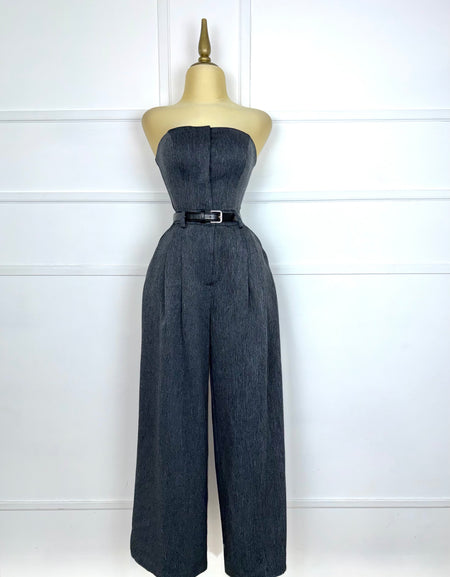 Palazzo gris strapless con cinto