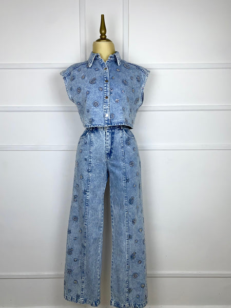 Set mezclilla con lentejuelas y chaquiras