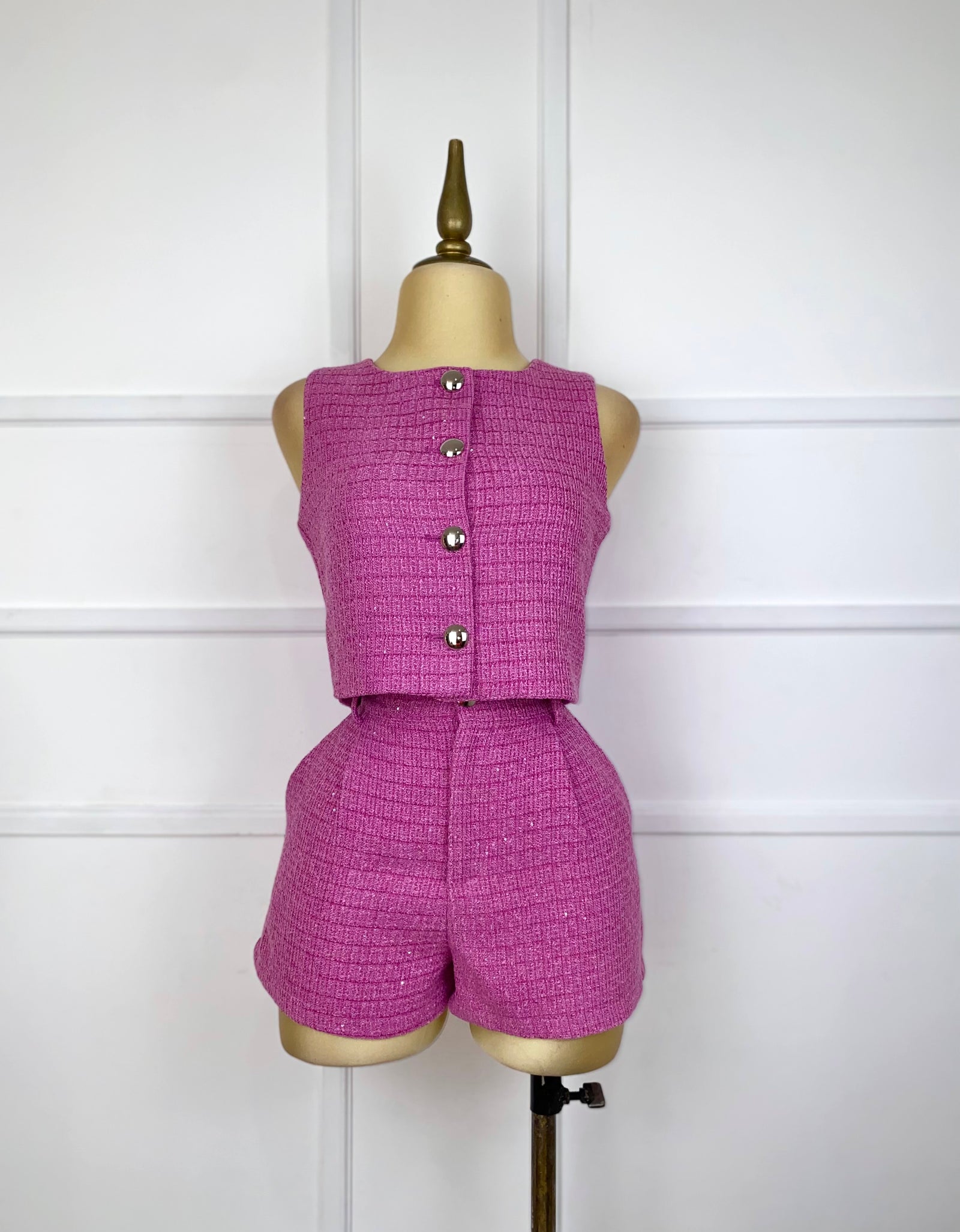 Set rosa tweed botones plata