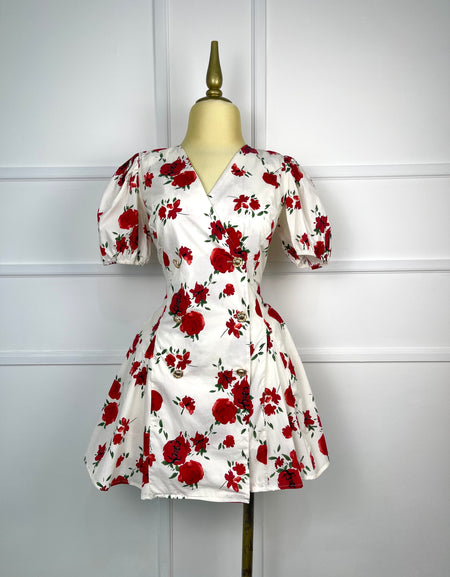 Vestido beige flores rojas