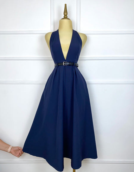 Vestido azul marino halter con cinto