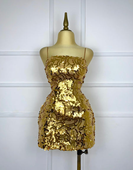 Vestido dorado lentejuela con listones
