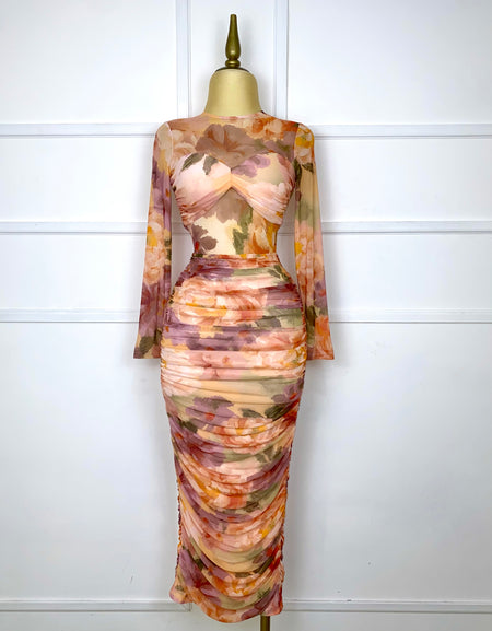 Vestido mesh largo estampado