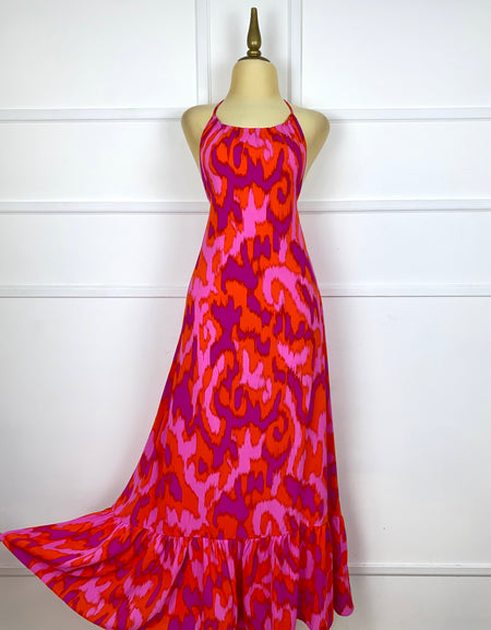 Vestido largo halter estampado naranja/rosas
