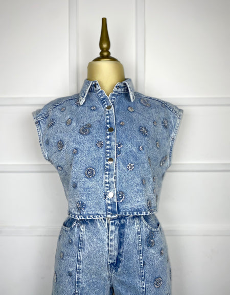 Set mezclilla con lentejuelas y chaquiras