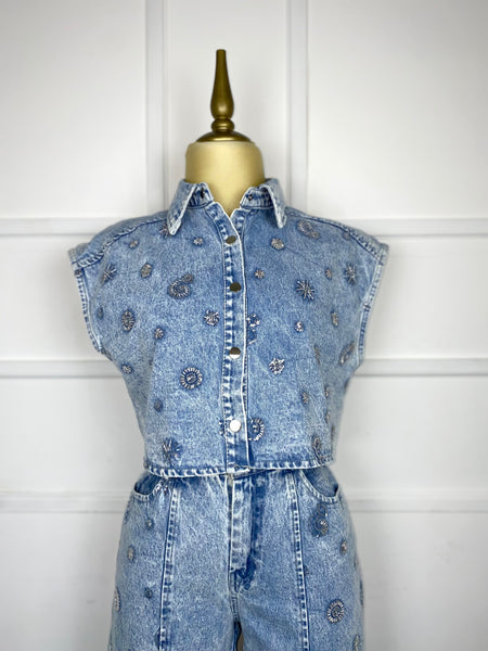 Set mezclilla con lentejuelas y chaquiras