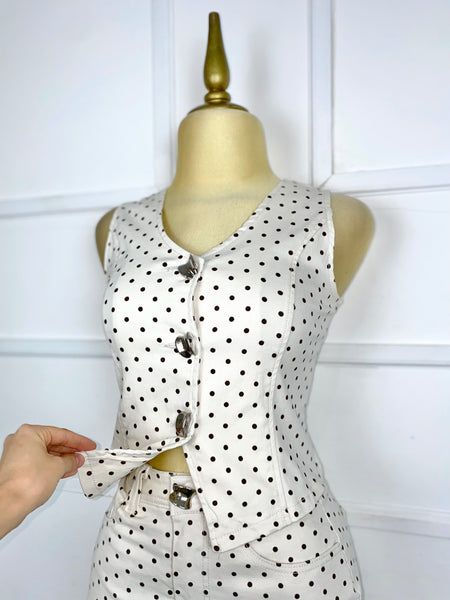 Set beige lunares café tipo mezclilla