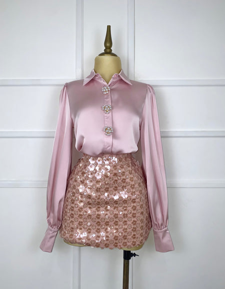 Falda rosa con florecitas de lentejuelas