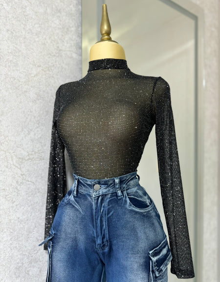 Bodysuit negro transparente y glitter