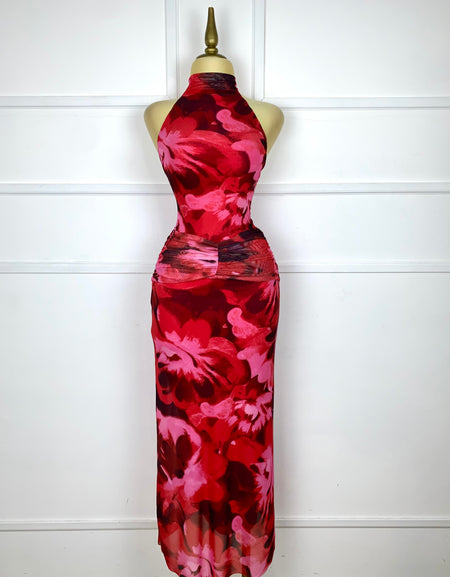 Vestido rojo largo mesh multicolor