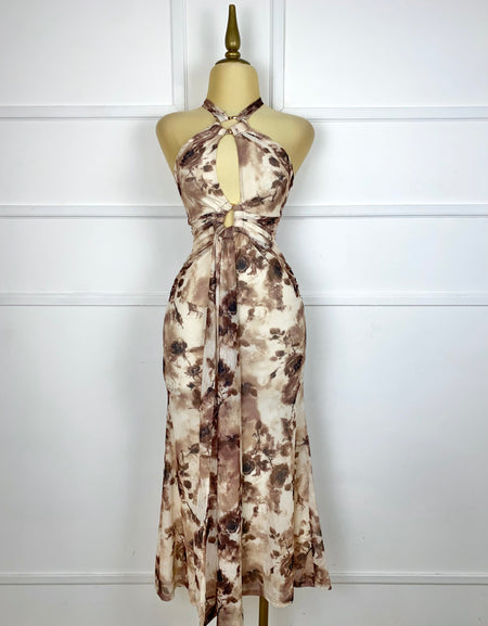 Vestido midi multi café halter