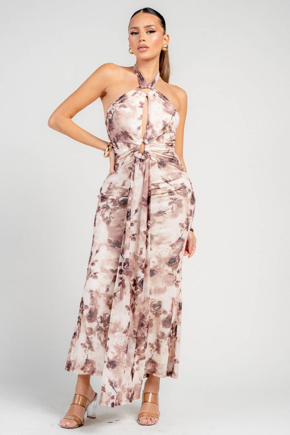 Vestido midi multi café halter