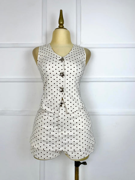 Set beige lunares café tipo mezclilla