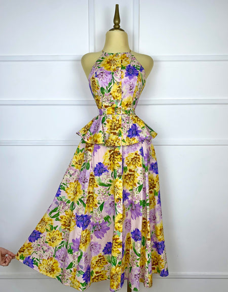 Set flores amarillas/lilas con cinto (blusa y falda)
