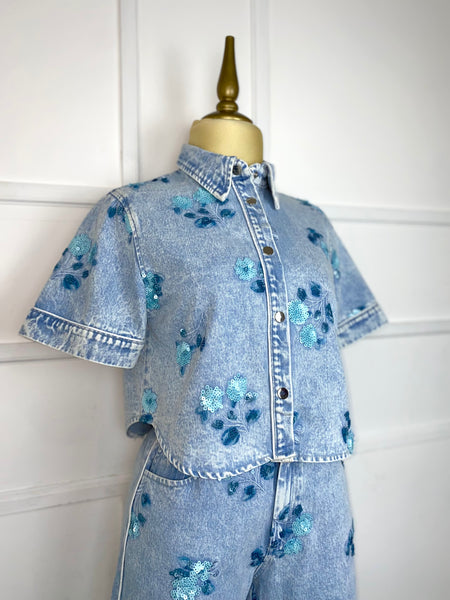 Set mezclilla flores azules de lentejuelas