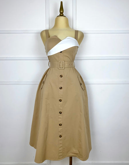 Vestido midi kaki con detalle blanco