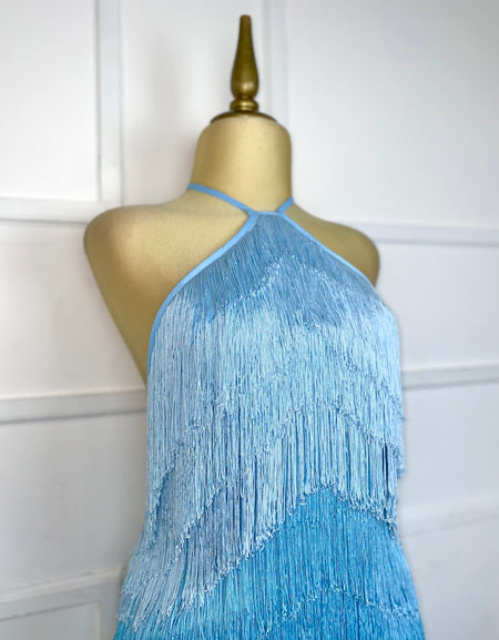 Vestido azul multicolor con flecos