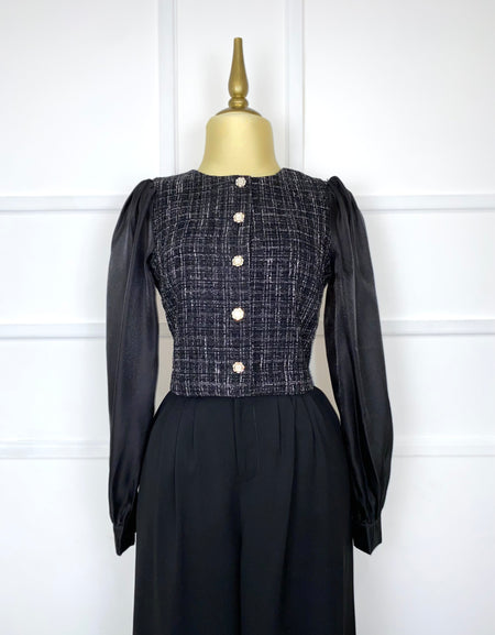 Set negro satinado con tweed