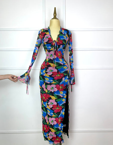 Vestido mesh largo estampado floral
