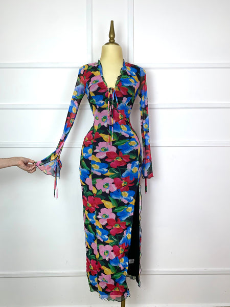 Vestido mesh largo estampado floral