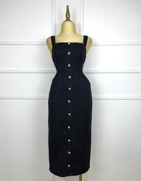 Vestido negro midi tweed botones plata