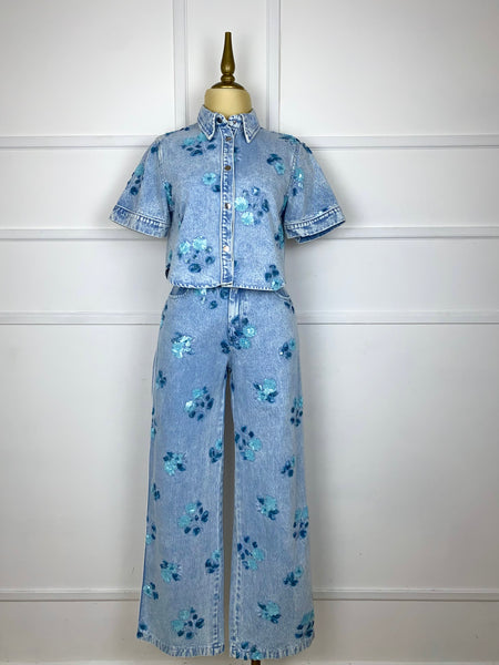 Set mezclilla flores azules de lentejuelas