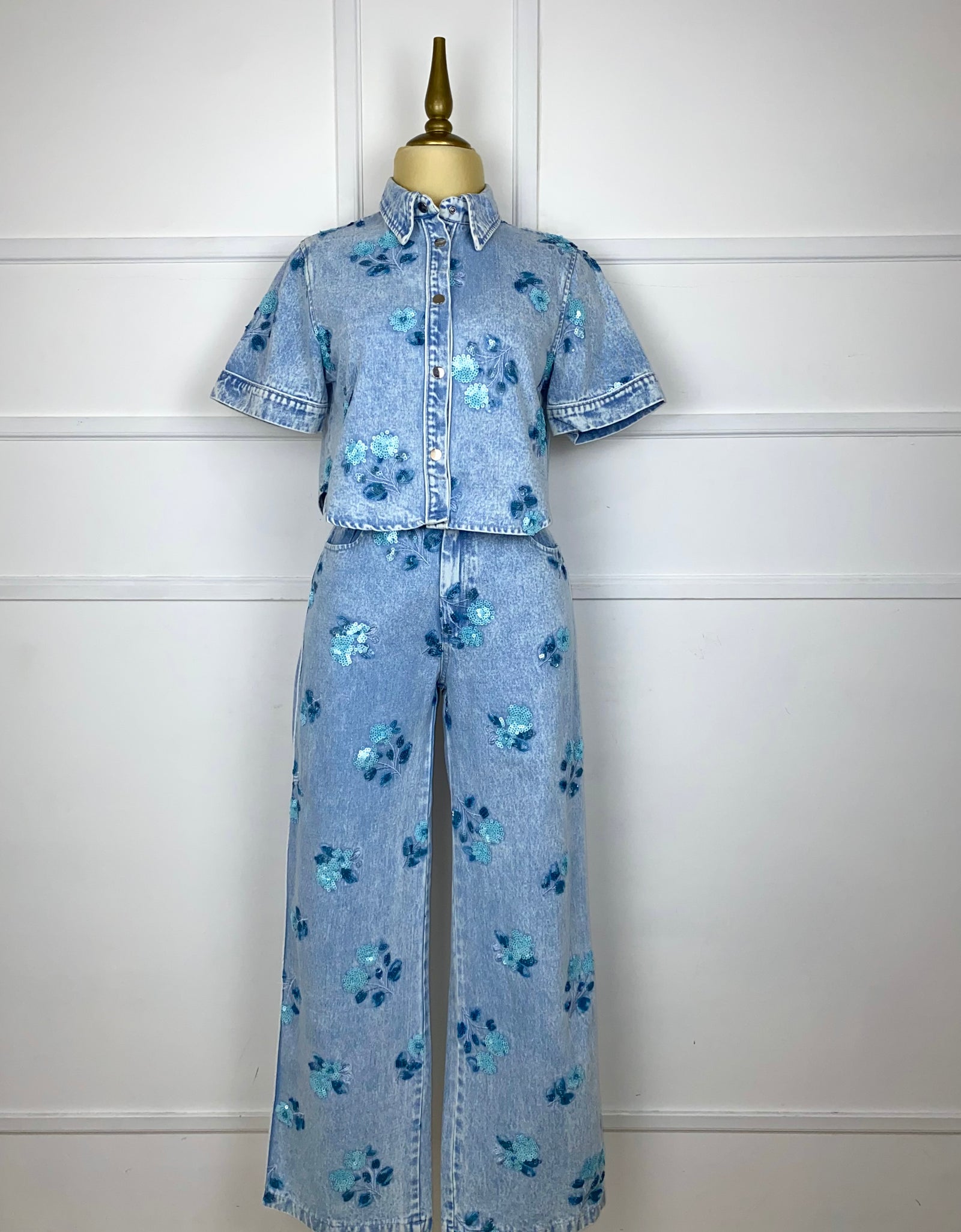 Set mezclilla flores azules de lentejuelas